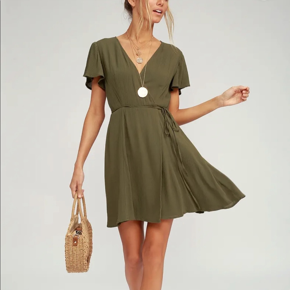 Short dark green wrap dress